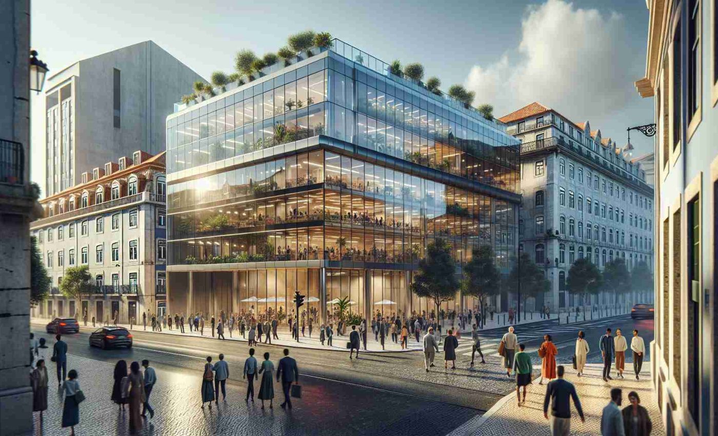 A highly detailed realistic image showcasing a bustling Innovation Center in Lisbon. It's a modern building with large glass windows and the sunlight is reflecting off the shiny surface. The center stands in the heart of the city, surrounded by historic architecture that contrasts with its contemporary design. In front of the establishment, you can see people of various genders and of different descents such as Black, White, South Asian and Hispanic engaging in discussion, going in and out of the center. Lush green plants and trees add life to the scene. Streets lined with traditional cobblestones give a hint of Lisbon's rich history.