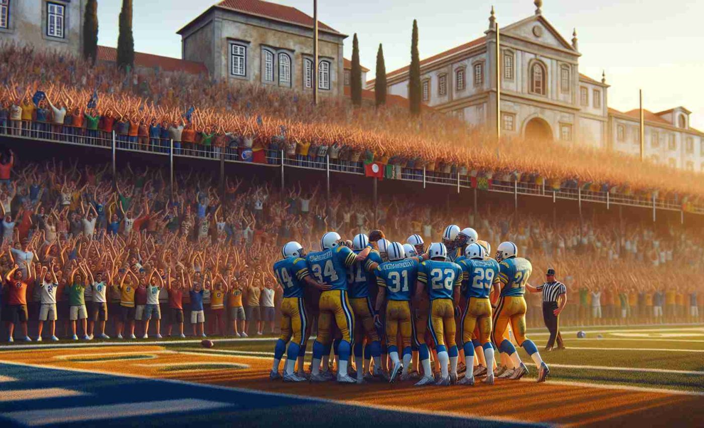 Generate a highly-detailed, realistic image capturing the triumphant moment of an underdog American football team, nicknamed the 'Blue Devils', celebrating their first victory of the season. Set the scene in an open-air stadium with supporters cheering on from the stands, the players huddled together on the field, and the vibrant colors of their uniform standing out in the golden dusk light. The location should reflect the unique characteristics of Lisbon, with charming vintage architecture peeking out behind the stadium.