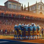 Generate a highly-detailed, realistic image capturing the triumphant moment of an underdog American football team, nicknamed the 'Blue Devils', celebrating their first victory of the season. Set the scene in an open-air stadium with supporters cheering on from the stands, the players huddled together on the field, and the vibrant colors of their uniform standing out in the golden dusk light. The location should reflect the unique characteristics of Lisbon, with charming vintage architecture peeking out behind the stadium.