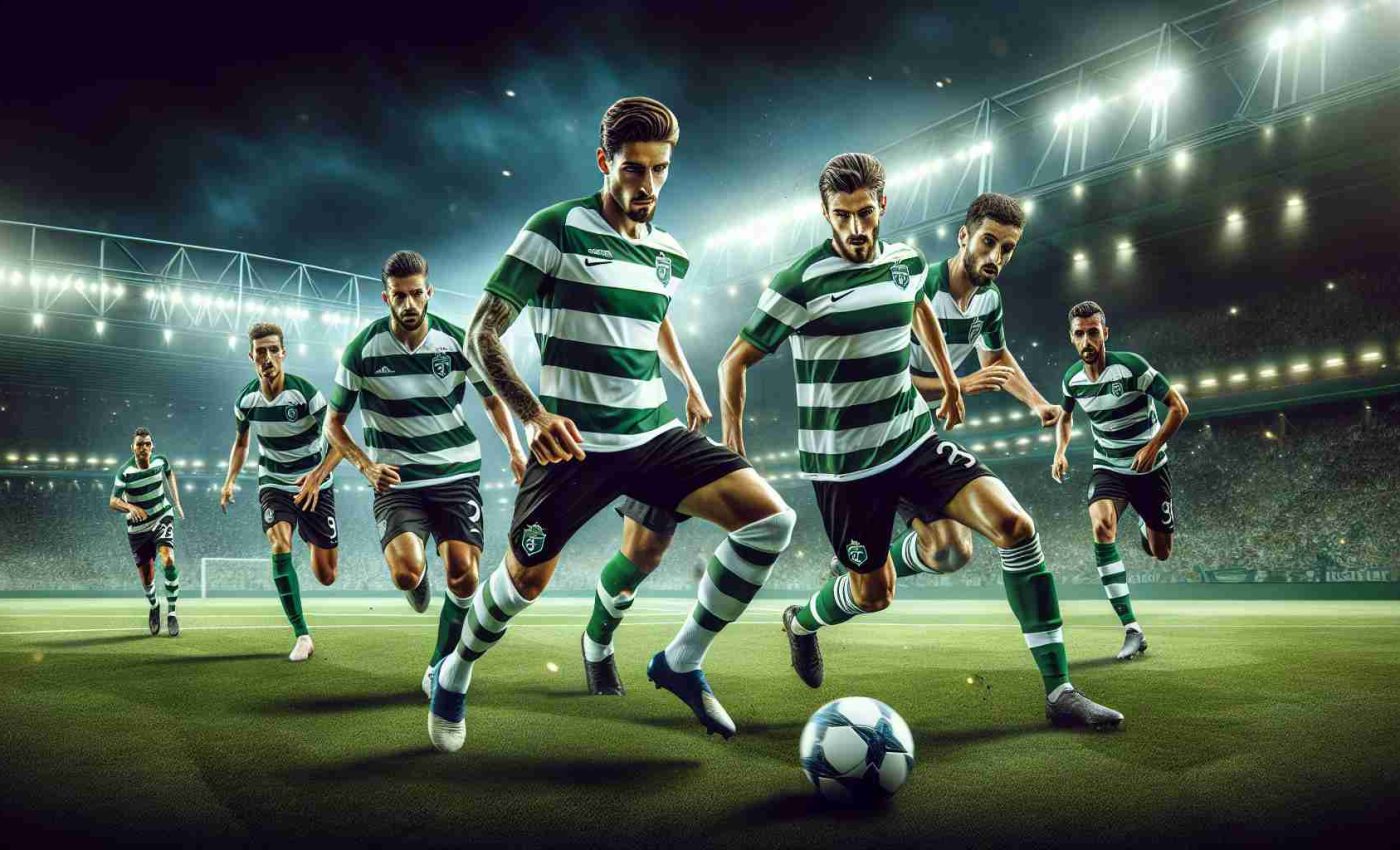 Create a high-definition, true to life visual representation of a critical soccer game moment where Sporting Lisbon, clad in their iconic green and white stripes, are vying for victory against Arouca. The players are focused and intense, their determination clear on their faces as they face off against their opponents. The playing field is perfectly manicured, alive under the bright stadium lights, and the stands are filled with elated fans, their cheers creating an electric atmosphere.