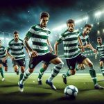 Create a high-definition, true to life visual representation of a critical soccer game moment where Sporting Lisbon, clad in their iconic green and white stripes, are vying for victory against Arouca. The players are focused and intense, their determination clear on their faces as they face off against their opponents. The playing field is perfectly manicured, alive under the bright stadium lights, and the stands are filled with elated fans, their cheers creating an electric atmosphere.