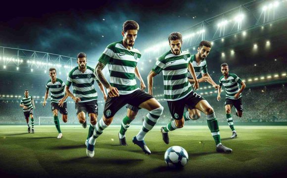 Create a high-definition, true to life visual representation of a critical soccer game moment where Sporting Lisbon, clad in their iconic green and white stripes, are vying for victory against Arouca. The players are focused and intense, their determination clear on their faces as they face off against their opponents. The playing field is perfectly manicured, alive under the bright stadium lights, and the stands are filled with elated fans, their cheers creating an electric atmosphere.