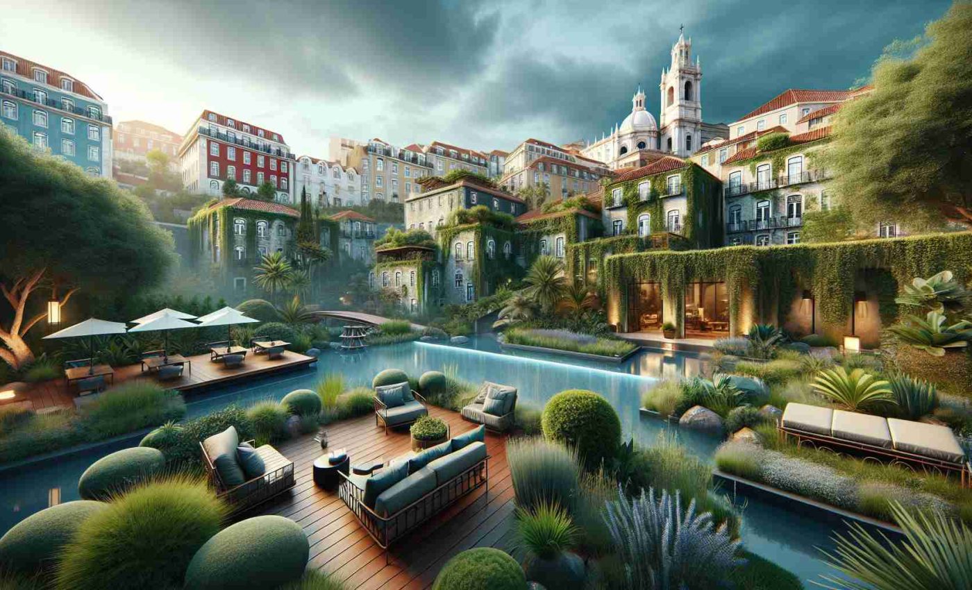 Generate a high-definition realistic image of an urban oasis retreat in the city of Lisbon. The retreat should exude serenity amidst the bustling cityscape. It should feature lush greenery, serene water bodies, comfortable seating areas and beautiful architectural elements that blend in harmony with nature. The backdrop should include the distinctive city skyline of Lisbon with its red-roofed buildings and ancient structures, slightly obscured by the verdant retreat environment.