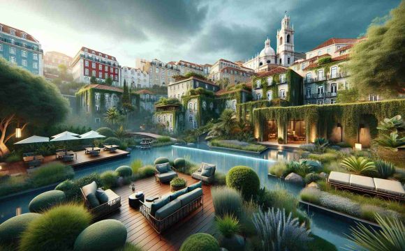 Generate a high-definition realistic image of an urban oasis retreat in the city of Lisbon. The retreat should exude serenity amidst the bustling cityscape. It should feature lush greenery, serene water bodies, comfortable seating areas and beautiful architectural elements that blend in harmony with nature. The backdrop should include the distinctive city skyline of Lisbon with its red-roofed buildings and ancient structures, slightly obscured by the verdant retreat environment.