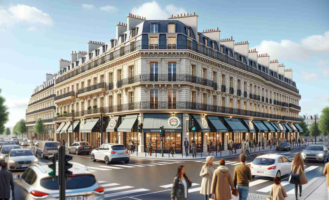 A realistic high-definition rendering of 50 new restaurant buildings preparing to open in the busy streets of Paris, each sporting the signage indicative of a popular fast food brand. The buildings should have typical Parisian architectural elements, like wrought-iron balconies, cream-colored stone, and mansard roofs. Capturing a vibrant day scene with bustling traffic, pedestrians of various gender and descents including Caucasian, Hispanic, Black, Middle-Eastern, and South Asian exploring the site.