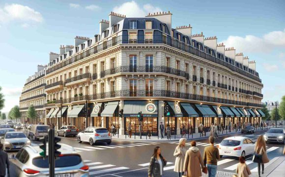 A realistic high-definition rendering of 50 new restaurant buildings preparing to open in the busy streets of Paris, each sporting the signage indicative of a popular fast food brand. The buildings should have typical Parisian architectural elements, like wrought-iron balconies, cream-colored stone, and mansard roofs. Capturing a vibrant day scene with bustling traffic, pedestrians of various gender and descents including Caucasian, Hispanic, Black, Middle-Eastern, and South Asian exploring the site.