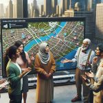 High definition image depicting a scene where urban residents of different descents and genders voice their concerns over the quality of city services. The scene, set in a city, shows a diverse group of people including a Hispanic woman, a Caucasian man, a Middle-Eastern elderly, and a South Asian young adult discussing with each other. They are gesturing and expressing discontentment towards a map of the city marked with points of interest such as public services - libraries, hospitals, and parks. The ambiance of the city is clearly seen with high-rise buildings in the background.