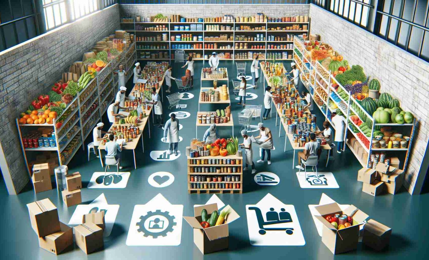 Generate a high-definition image depicting the community food pantry in Lisbon, Portugal facing new challenges. The image should realistically illustrate various elements such as full shelves with food items, volunteers of diverse descents and genders working together, and symbols indicating the new challenges, such as increased demand or decreased supply.