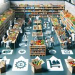 Generate a high-definition image depicting the community food pantry in Lisbon, Portugal facing new challenges. The image should realistically illustrate various elements such as full shelves with food items, volunteers of diverse descents and genders working together, and symbols indicating the new challenges, such as increased demand or decreased supply.