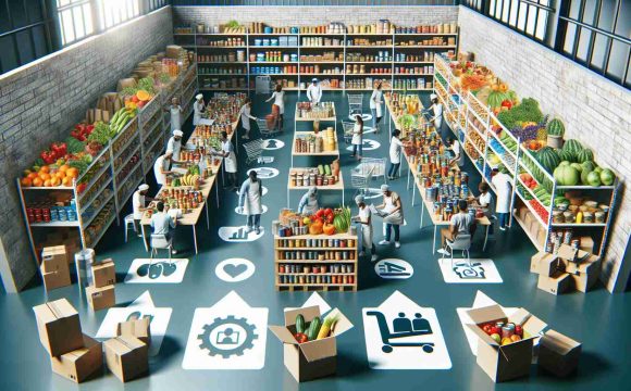 Generate a high-definition image depicting the community food pantry in Lisbon, Portugal facing new challenges. The image should realistically illustrate various elements such as full shelves with food items, volunteers of diverse descents and genders working together, and symbols indicating the new challenges, such as increased demand or decreased supply.