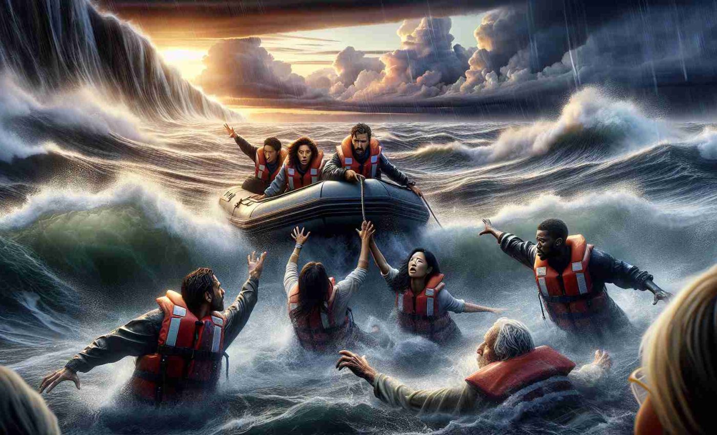 A high-definition, realistic image of a sea rescue scene. This is a tale of heroism. The background shows crashing waves and a tempestuous ocean with a dramatic sunset sky. In the foreground, a group of brave rescuers - a Hispanic man, a Black woman, a White man and an Asian woman, all wearing life jackets and helmets, valiantly battle the raging sea in a small rubber boat. They are reaching out to a Caucasian man who is clinging onto a floating piece of debris. Their faces hold an intense mixture of fear and determination.