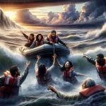 A high-definition, realistic image of a sea rescue scene. This is a tale of heroism. The background shows crashing waves and a tempestuous ocean with a dramatic sunset sky. In the foreground, a group of brave rescuers - a Hispanic man, a Black woman, a White man and an Asian woman, all wearing life jackets and helmets, valiantly battle the raging sea in a small rubber boat. They are reaching out to a Caucasian man who is clinging onto a floating piece of debris. Their faces hold an intense mixture of fear and determination.