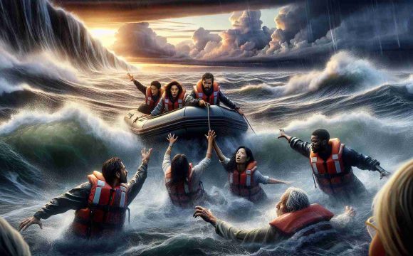 A high-definition, realistic image of a sea rescue scene. This is a tale of heroism. The background shows crashing waves and a tempestuous ocean with a dramatic sunset sky. In the foreground, a group of brave rescuers - a Hispanic man, a Black woman, a White man and an Asian woman, all wearing life jackets and helmets, valiantly battle the raging sea in a small rubber boat. They are reaching out to a Caucasian man who is clinging onto a floating piece of debris. Their faces hold an intense mixture of fear and determination.