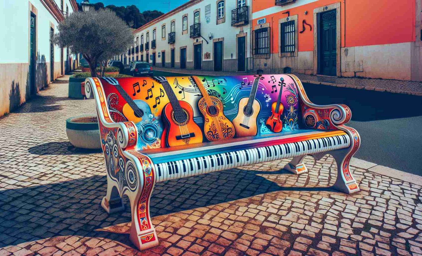 Generate an image of a realistic, high-definition artistic makeover of a bench located in the Santo António Parish. The bench should be vividly decorated to celebrate international music, perhaps with instrument motifs and musical notes from various cultures aesthetically painted on it.