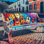 Generate an image of a realistic, high-definition artistic makeover of a bench located in the Santo António Parish. The bench should be vividly decorated to celebrate international music, perhaps with instrument motifs and musical notes from various cultures aesthetically painted on it.