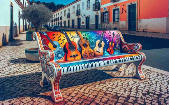 Generate an image of a realistic, high-definition artistic makeover of a bench located in the Santo António Parish. The bench should be vividly decorated to celebrate international music, perhaps with instrument motifs and musical notes from various cultures aesthetically painted on it.