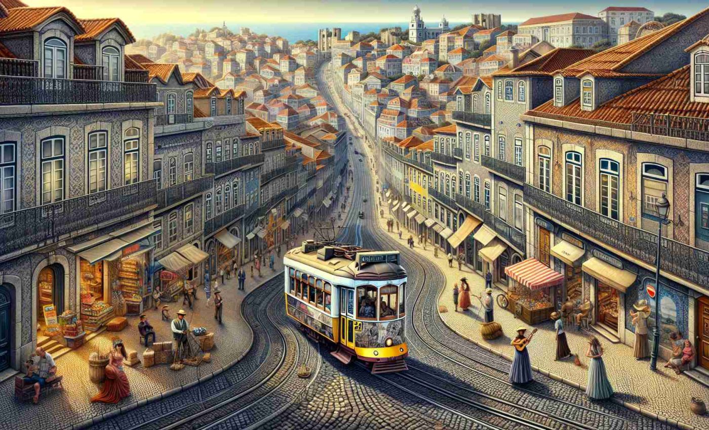 An intricately detailed, high-definition image of a memorable adventure in the city of Lisbon, Portugal. The scene captures the charm of the city with cobblestone streets stretching into the distance, flanked by colorful houses on either side. The famous Tram 28 is seen navigating a bend, carrying passengers from various descents. There are street performers playing music, women with flowing skirts dancing to the rhythm, and locals and tourists alike enjoying the vibrant atmosphere under the warm sunny sky. Landmarks such as the ancient castle and the coastline are subtly visible in the horizon, suggesting the wide array of experiences that the city offers.