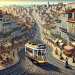 An intricately detailed, high-definition image of a memorable adventure in the city of Lisbon, Portugal. The scene captures the charm of the city with cobblestone streets stretching into the distance, flanked by colorful houses on either side. The famous Tram 28 is seen navigating a bend, carrying passengers from various descents. There are street performers playing music, women with flowing skirts dancing to the rhythm, and locals and tourists alike enjoying the vibrant atmosphere under the warm sunny sky. Landmarks such as the ancient castle and the coastline are subtly visible in the horizon, suggesting the wide array of experiences that the city offers.