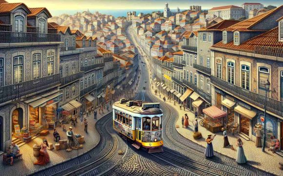 An intricately detailed, high-definition image of a memorable adventure in the city of Lisbon, Portugal. The scene captures the charm of the city with cobblestone streets stretching into the distance, flanked by colorful houses on either side. The famous Tram 28 is seen navigating a bend, carrying passengers from various descents. There are street performers playing music, women with flowing skirts dancing to the rhythm, and locals and tourists alike enjoying the vibrant atmosphere under the warm sunny sky. Landmarks such as the ancient castle and the coastline are subtly visible in the horizon, suggesting the wide array of experiences that the city offers.