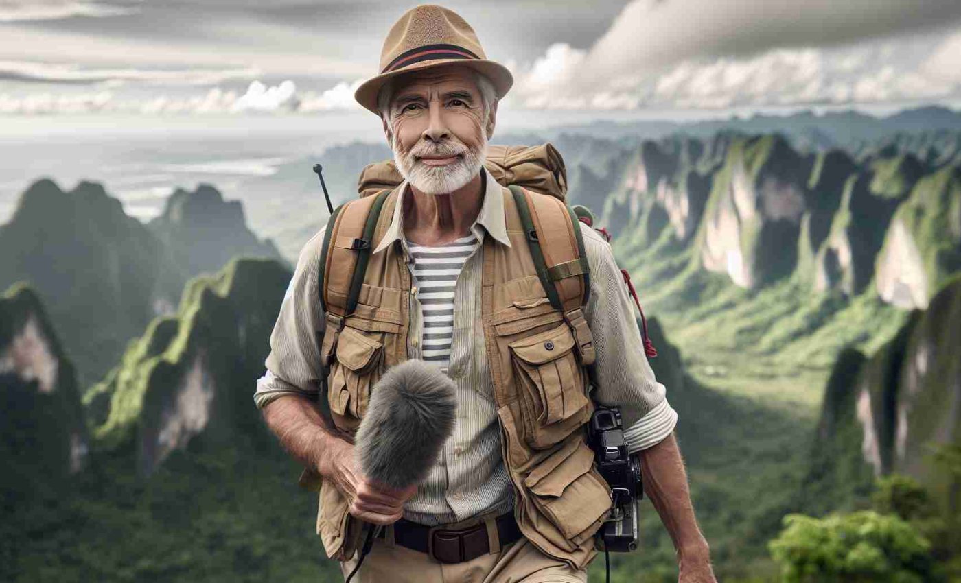 Realistic HD photo of a Caucasian elderly male broadcaster, similar in physique and attire to known wildlife enthusiasts, embarking on an adventure through the diverse wilderness terrains of Asia.