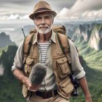 Realistic HD photo of a Caucasian elderly male broadcaster, similar in physique and attire to known wildlife enthusiasts, embarking on an adventure through the diverse wilderness terrains of Asia.