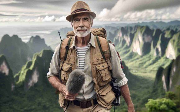 Realistic HD photo of a Caucasian elderly male broadcaster, similar in physique and attire to known wildlife enthusiasts, embarking on an adventure through the diverse wilderness terrains of Asia.