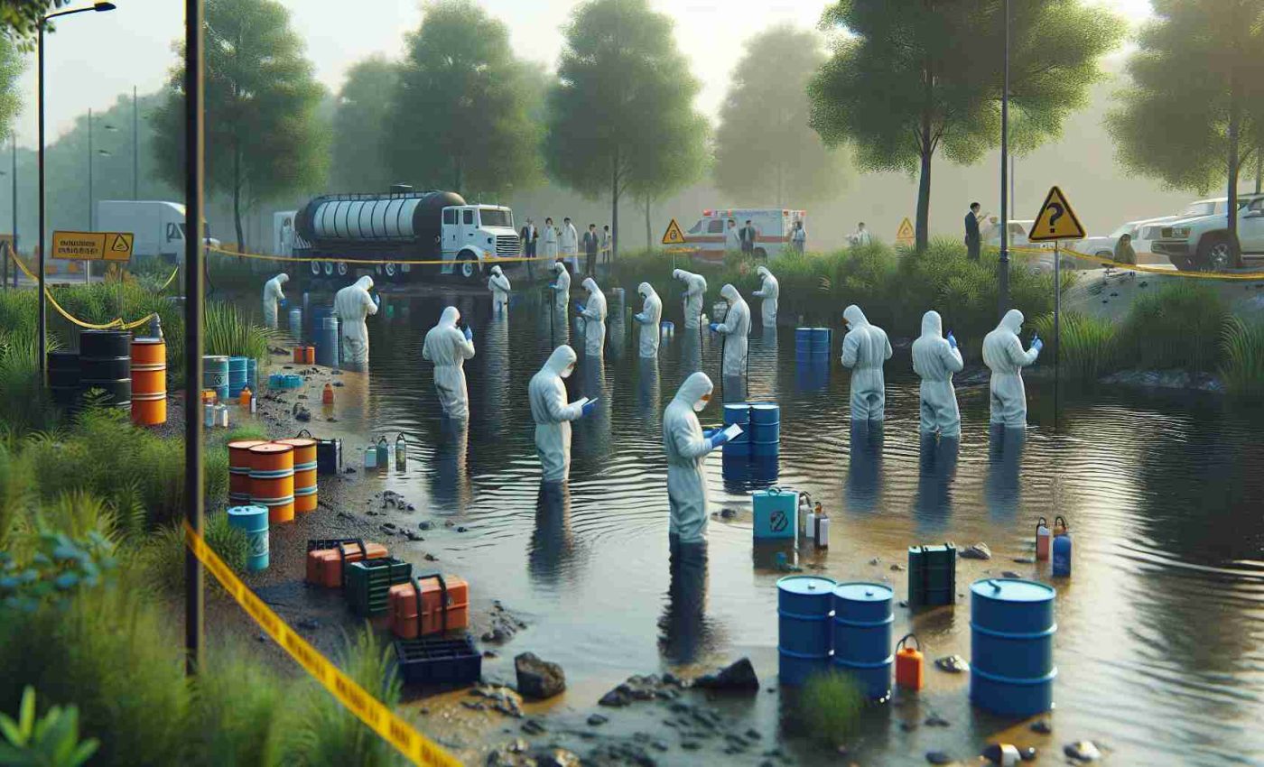 A hyper-realistic high definition image showing scenes of water quality concerns following a recent incident. In this image, there is an affected freshwater body, possibly a river or a lake. The water appears to have changed color, an obvious sign of contamination. Near this body of water, environmental scientists, a multicultural group of men and women, are conducting tests and collecting samples. They're wearing protective uniforms, holding water sample tubes and some of them are taking notes. In the background, there are caution tape and some warning signs regarding the poor water quality. The overall mood is a serious, calm, and methodical response to an ecological crisis.