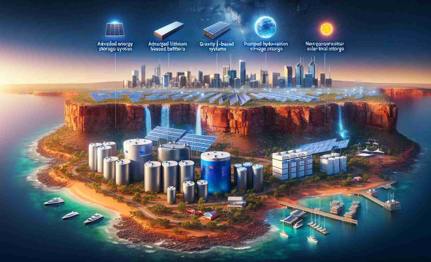 A realistic, high-definition image illustrating various innovative energy storage systems in Australia. These should include, but not limited to, advanced lithium-based batteries, gravity-based systems, pumped hydro storage, and next-generation solar thermal storage. The backdrop should elegantly show some characteristic Australian landscapes, such as the vast outback, charming coastlines, or bustling urban centers.