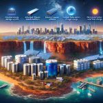 A realistic, high-definition image illustrating various innovative energy storage systems in Australia. These should include, but not limited to, advanced lithium-based batteries, gravity-based systems, pumped hydro storage, and next-generation solar thermal storage. The backdrop should elegantly show some characteristic Australian landscapes, such as the vast outback, charming coastlines, or bustling urban centers.