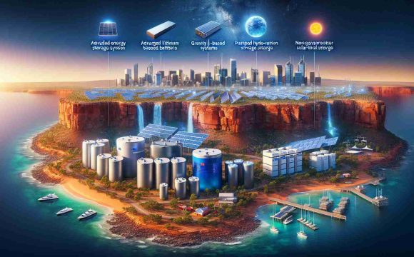 A realistic, high-definition image illustrating various innovative energy storage systems in Australia. These should include, but not limited to, advanced lithium-based batteries, gravity-based systems, pumped hydro storage, and next-generation solar thermal storage. The backdrop should elegantly show some characteristic Australian landscapes, such as the vast outback, charming coastlines, or bustling urban centers.