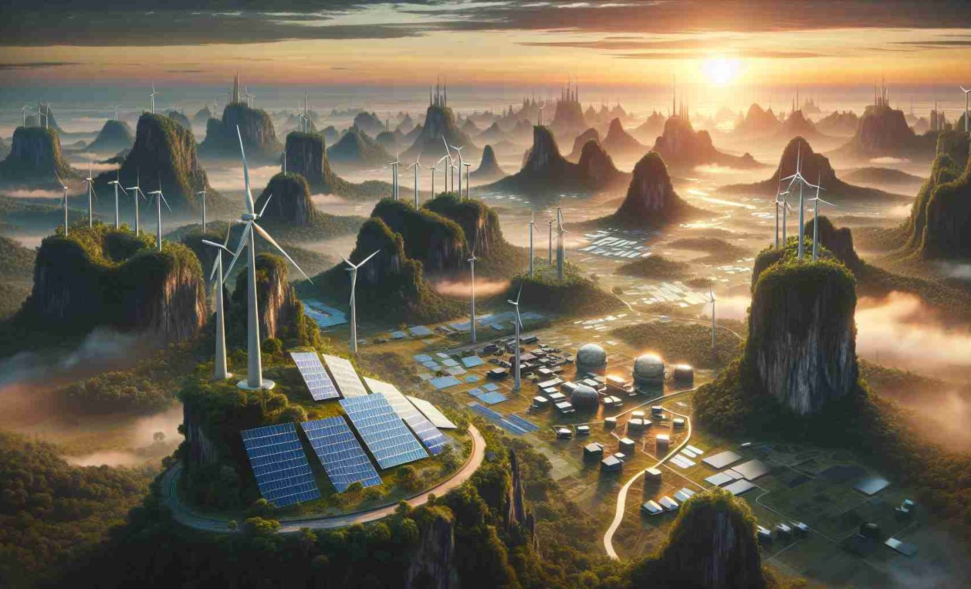 A high-definition, realistic image representing Southeast Asia as a bustling hub for renewable energy growth. Picture an expansive landscape with several wind turbines and solar panels spread across it, symbolizing the move towards sustainable energy. Scattered around are futuristic buildings powered by these renewable resources, indicating a robust growth in the industry. The sky is setting in warm hues, signifying the dawn of a new era in renewable energy in this region. The terrain should reflect significant elements of Southeast Asian geography, including lush tropical vegetation and unique landforms.