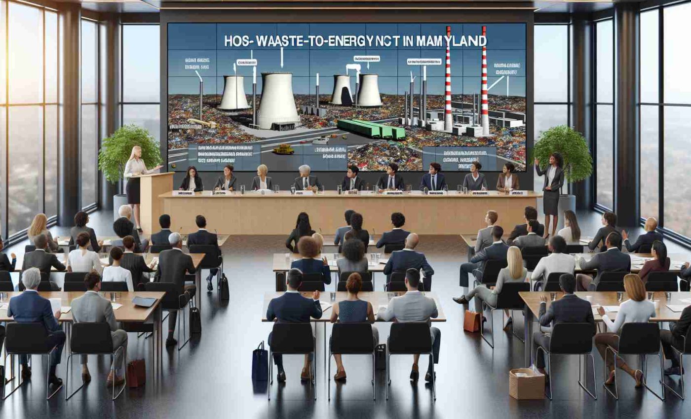 A high-definition, realistic representation of a debate happening regarding Waste-to-Energy plants in Maryland. The scene takes place in a modern conference hall with individuals of different gender and diverse descents like Caucasian, Hispanic, Black, Middle-Eastern, and South Asian challenging and discussing the pros and cons of these plants. Some participants could be using presentation slides featuring charts and graphs depicting environmental impacts while others might be seen engrossed in note-taking or lively exchange of ideas.