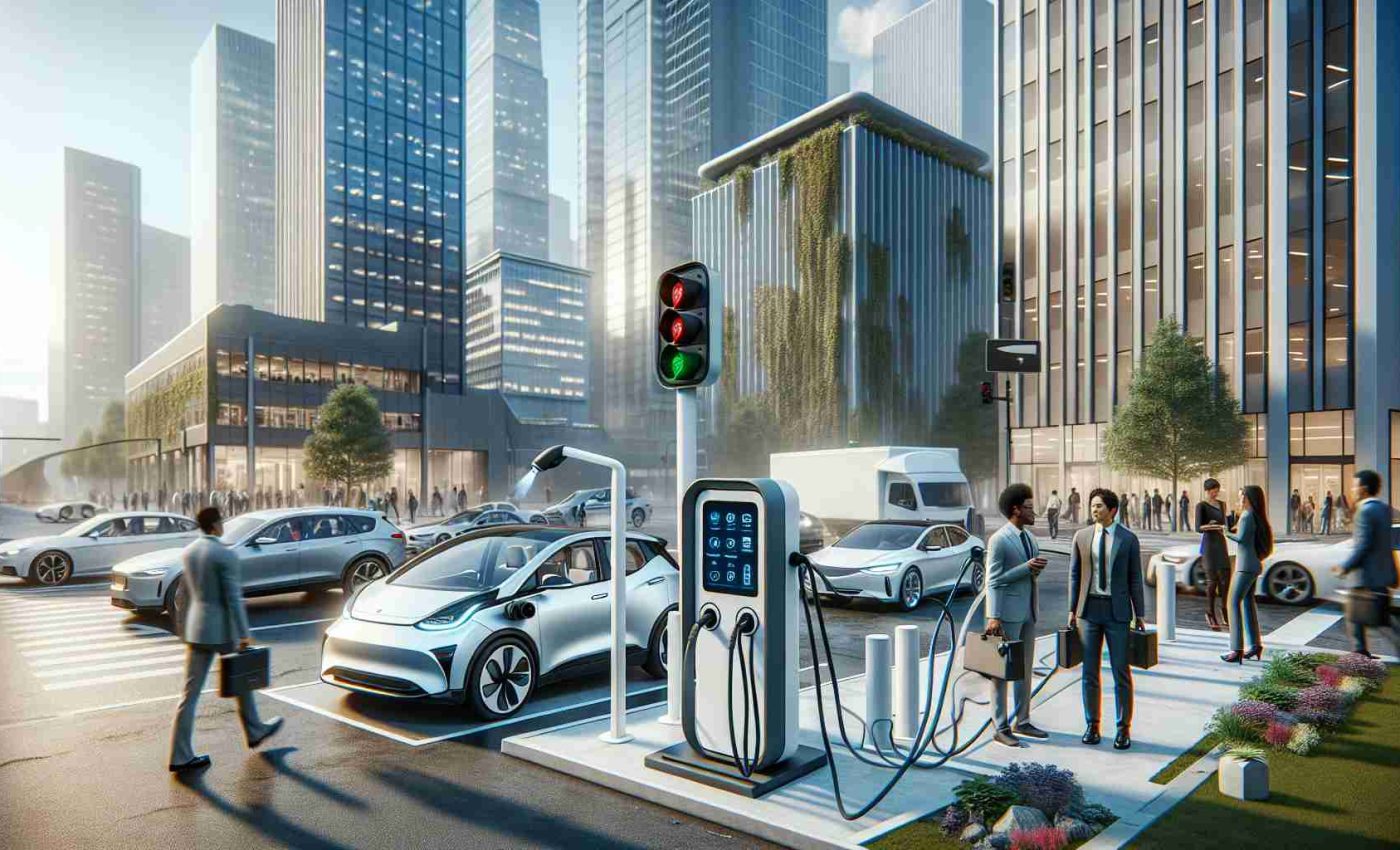 A realistic, high-definition image of a modern urban environment showcasing revolutionary electric vehicle charging. The scene takes place in a bustling city with tall skyscrapers and busy streets. In one corner, a compact and efficient charging station stands prominently. A variety of vehicles, including compact city cars and spacious family vans, are plugged in, charging. LED indicators on the station show the charging status for each vehicle. Urban commuters of various descents and genders, some Caucasian, others Black, Hispanic and Middle-Eastern, seem to be waiting or engaging in various activities around the station.