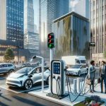 A realistic, high-definition image of a modern urban environment showcasing revolutionary electric vehicle charging. The scene takes place in a bustling city with tall skyscrapers and busy streets. In one corner, a compact and efficient charging station stands prominently. A variety of vehicles, including compact city cars and spacious family vans, are plugged in, charging. LED indicators on the station show the charging status for each vehicle. Urban commuters of various descents and genders, some Caucasian, others Black, Hispanic and Middle-Eastern, seem to be waiting or engaging in various activities around the station.