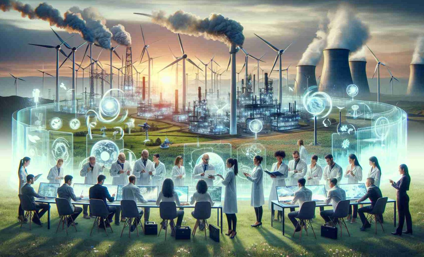 Generate a high-definition, realistic image depicting the concept of exploring the future of sustainable energy. Picture a diverse group of scientists, of various genders and races like Caucasian, Black, Hispanic, Middle-Eastern, and South Asian, collaboratively working on eco-friendly, advanced technologies. They are surrounded by transparent holographic screens showing wind turbines, solar panels, and geothermal structures. In the background, envision a landscape transitioning from industrial, smoke-plagued factories to green fields dotted with windmills, under a bright, clean sky.