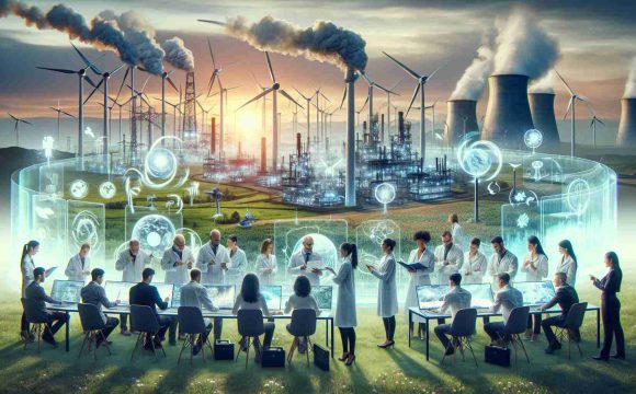 Generate a high-definition, realistic image depicting the concept of exploring the future of sustainable energy. Picture a diverse group of scientists, of various genders and races like Caucasian, Black, Hispanic, Middle-Eastern, and South Asian, collaboratively working on eco-friendly, advanced technologies. They are surrounded by transparent holographic screens showing wind turbines, solar panels, and geothermal structures. In the background, envision a landscape transitioning from industrial, smoke-plagued factories to green fields dotted with windmills, under a bright, clean sky.