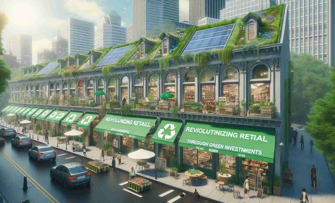 Create an ultra high-definition, realistic image that portrays the concept of revolutionizing retail through green investments. The scene should include a row of retail shops on a bustling city street, each displaying signs of environmentally friendly practices - recycled materials, renewable energy sources, green roofing, and more. Some are being renovated with sustainable materials, illustrating an active investment in the infrastructure of the changing face of retail. Maybe there's a tangible vibrancy to the area and a sense of optimism among the diverse mix of people who are shopping.