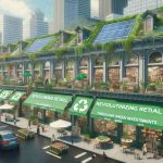 Create an ultra high-definition, realistic image that portrays the concept of revolutionizing retail through green investments. The scene should include a row of retail shops on a bustling city street, each displaying signs of environmentally friendly practices - recycled materials, renewable energy sources, green roofing, and more. Some are being renovated with sustainable materials, illustrating an active investment in the infrastructure of the changing face of retail. Maybe there's a tangible vibrancy to the area and a sense of optimism among the diverse mix of people who are shopping.