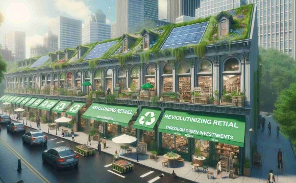 Create an ultra high-definition, realistic image that portrays the concept of revolutionizing retail through green investments. The scene should include a row of retail shops on a bustling city street, each displaying signs of environmentally friendly practices - recycled materials, renewable energy sources, green roofing, and more. Some are being renovated with sustainable materials, illustrating an active investment in the infrastructure of the changing face of retail. Maybe there's a tangible vibrancy to the area and a sense of optimism among the diverse mix of people who are shopping.