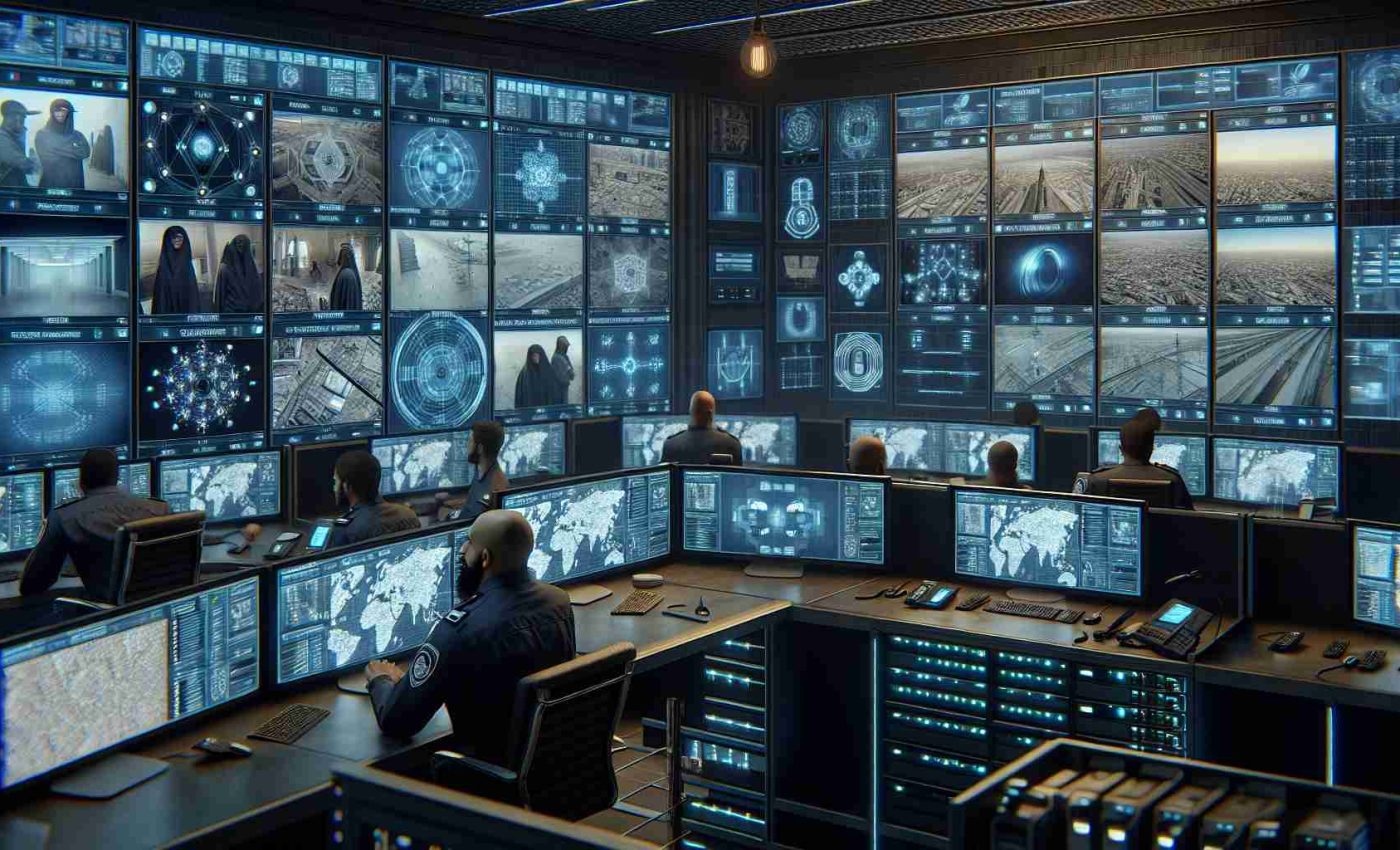 Imagine a high-definition, realistic image depicting enhanced security measures being implemented. It could display a state-of-the-art control room filled with multiple computer screens, showing feeds from hundreds of security cameras. Central characters could include a Middle-Eastern male security officer attentively monitoring the screens and a Caucasian female officer coordinating responses over a radio set. Elsewhere within the room could be modern biometric scanning equipment such as fingerprint and retina scanners. Subtle touches like a wall-mounted city map marked with key security sites and blinking server racks in the background could emphasize the theme. The overall mood of the scene might be serious and focused.