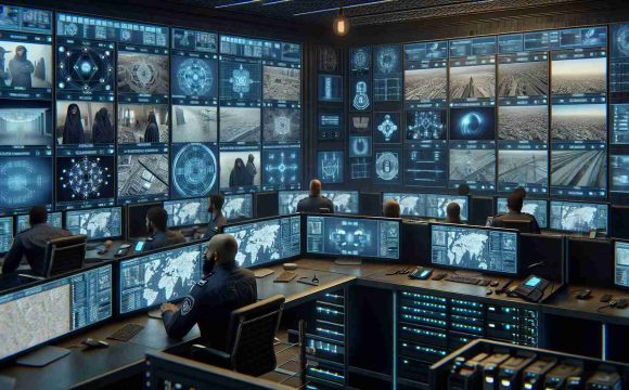 Imagine a high-definition, realistic image depicting enhanced security measures being implemented. It could display a state-of-the-art control room filled with multiple computer screens, showing feeds from hundreds of security cameras. Central characters could include a Middle-Eastern male security officer attentively monitoring the screens and a Caucasian female officer coordinating responses over a radio set. Elsewhere within the room could be modern biometric scanning equipment such as fingerprint and retina scanners. Subtle touches like a wall-mounted city map marked with key security sites and blinking server racks in the background could emphasize the theme. The overall mood of the scene might be serious and focused.