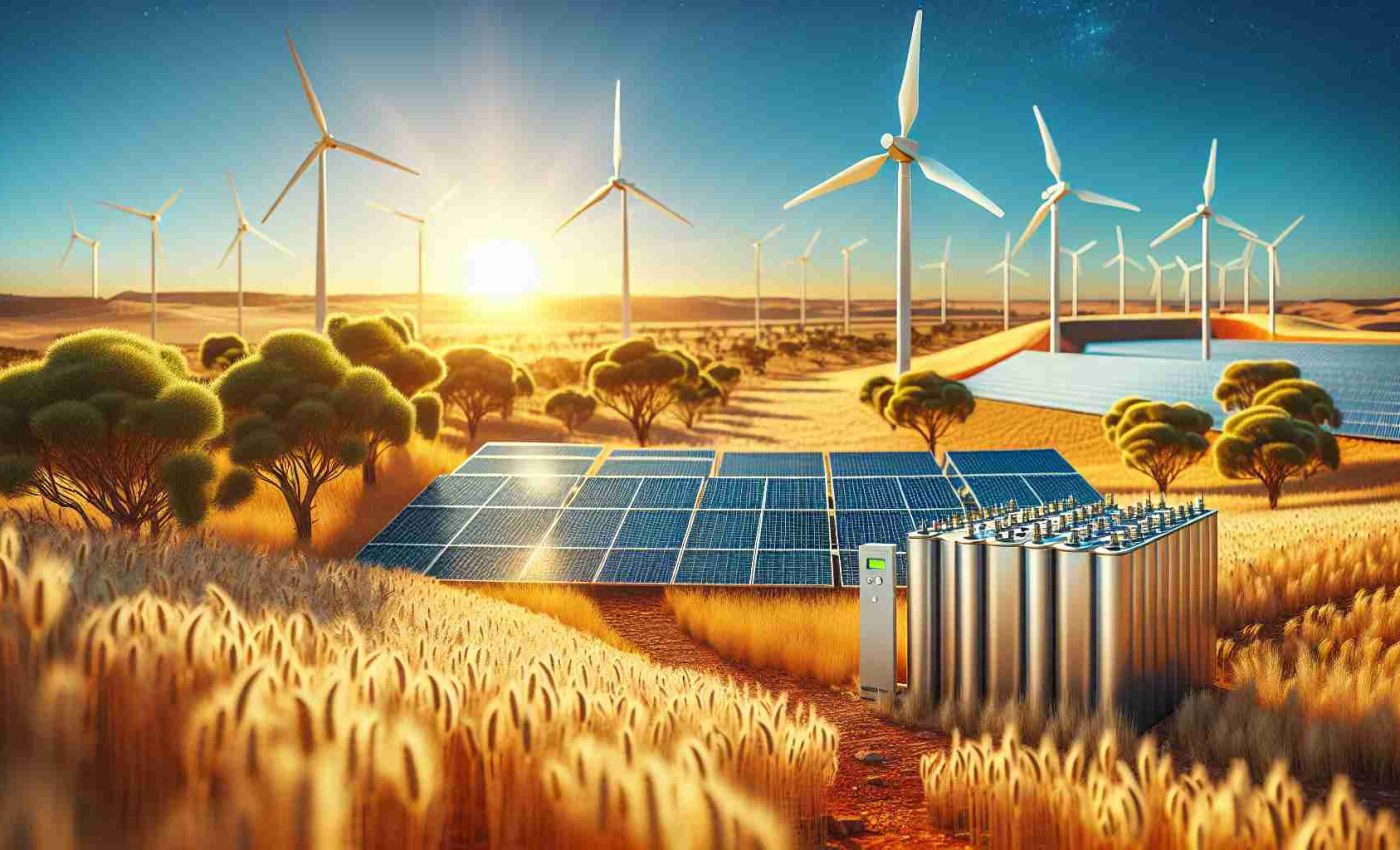 A detailed, high-definition image capturing the revolution of Australia's energy landscape. The picture should showcase various forms of renewable energy technologies. It should include solar panels catching blazing sunlight from a clear blue sky. Additionally, there should be wind turbines majestically standing amidst golden wheat fields. In the distance, a battery energy storage system, represented as a modern infrastructure, sits seamlessly within the natural terrain. Please capture the contrast between the traditional outback scenery and these modern energy solutions, manifesting the transition towards a green future.