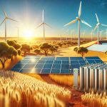 A detailed, high-definition image capturing the revolution of Australia's energy landscape. The picture should showcase various forms of renewable energy technologies. It should include solar panels catching blazing sunlight from a clear blue sky. Additionally, there should be wind turbines majestically standing amidst golden wheat fields. In the distance, a battery energy storage system, represented as a modern infrastructure, sits seamlessly within the natural terrain. Please capture the contrast between the traditional outback scenery and these modern energy solutions, manifesting the transition towards a green future.