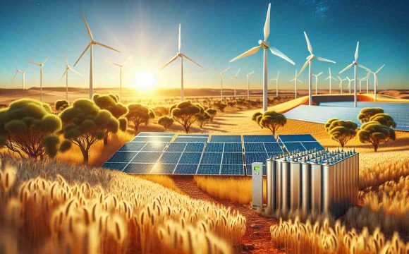 A detailed, high-definition image capturing the revolution of Australia's energy landscape. The picture should showcase various forms of renewable energy technologies. It should include solar panels catching blazing sunlight from a clear blue sky. Additionally, there should be wind turbines majestically standing amidst golden wheat fields. In the distance, a battery energy storage system, represented as a modern infrastructure, sits seamlessly within the natural terrain. Please capture the contrast between the traditional outback scenery and these modern energy solutions, manifesting the transition towards a green future.