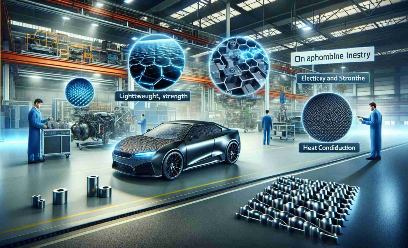 Realistic high-definition illustration showcasing the revolution of the automotive industry through the innovative use of graphene technology. The scene should depict a modern automobile factory using graphene components. Show the properties of lightweight, strength, electricity and heat conduction of graphene. Capture the contrast between traditional steel parts and the new graphene composites indicating the transformative nature of this material in the automobile industry.