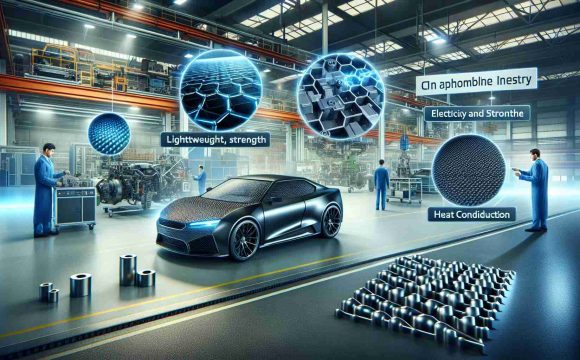 Realistic high-definition illustration showcasing the revolution of the automotive industry through the innovative use of graphene technology. The scene should depict a modern automobile factory using graphene components. Show the properties of lightweight, strength, electricity and heat conduction of graphene. Capture the contrast between traditional steel parts and the new graphene composites indicating the transformative nature of this material in the automobile industry.