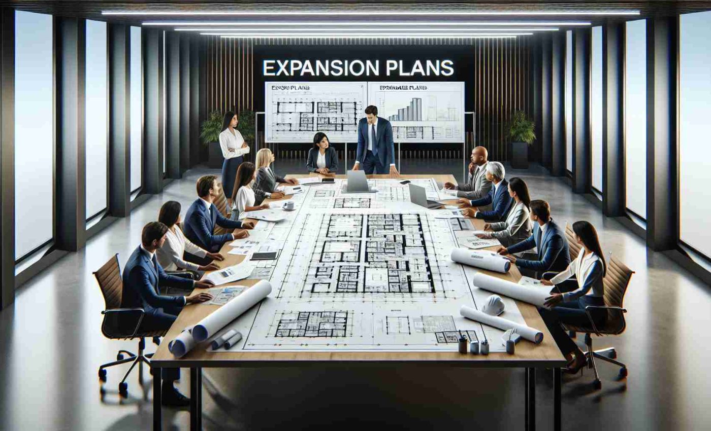 A high-definition, realistic image showcasing the expansion plans of a Sustainable Solutions Company. The scene includes a large, well-lit conference room with a huge table in the center. There are blueprints, project reports, and design mockups scattered across the table. At one end of the table, there is a board with 'Expansion Plans' written on it. A range of individuals, including a Middle-Eastern female engineer, a South Asian male project manager, a Hispanic female environmental consultant, and a Black male architect, are engaged in a dynamic discussion regarding the growth strategies and the sustainable approaches for the expansion of the company.