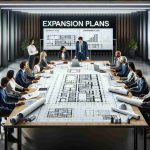 A high-definition, realistic image showcasing the expansion plans of a Sustainable Solutions Company. The scene includes a large, well-lit conference room with a huge table in the center. There are blueprints, project reports, and design mockups scattered across the table. At one end of the table, there is a board with 'Expansion Plans' written on it. A range of individuals, including a Middle-Eastern female engineer, a South Asian male project manager, a Hispanic female environmental consultant, and a Black male architect, are engaged in a dynamic discussion regarding the growth strategies and the sustainable approaches for the expansion of the company.