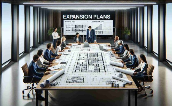 A high-definition, realistic image showcasing the expansion plans of a Sustainable Solutions Company. The scene includes a large, well-lit conference room with a huge table in the center. There are blueprints, project reports, and design mockups scattered across the table. At one end of the table, there is a board with 'Expansion Plans' written on it. A range of individuals, including a Middle-Eastern female engineer, a South Asian male project manager, a Hispanic female environmental consultant, and a Black male architect, are engaged in a dynamic discussion regarding the growth strategies and the sustainable approaches for the expansion of the company.