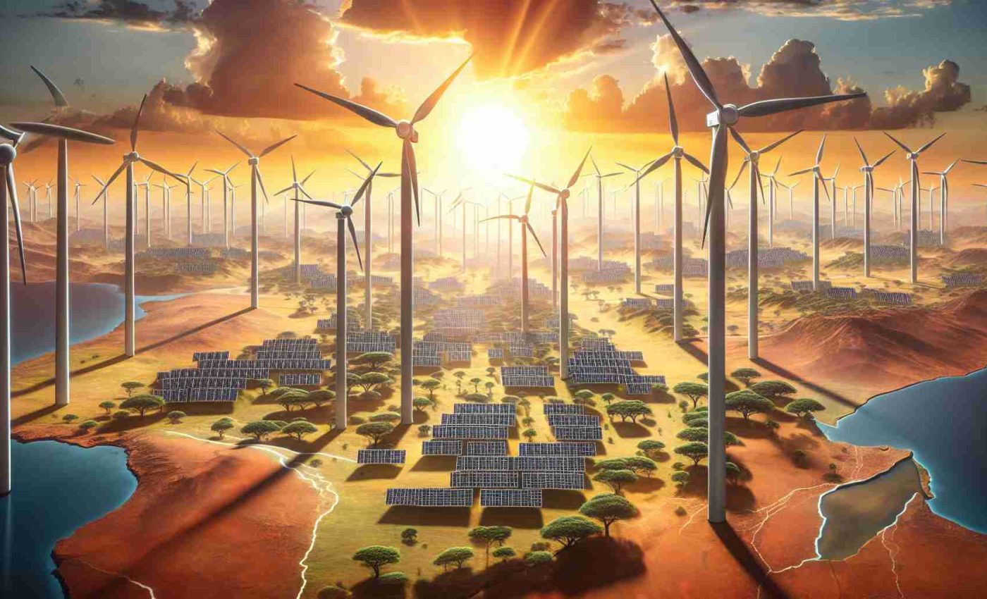 A high-definition picture illustrating the influence of China in developing sustainable energy infrastructure within Africa. The image should showcase numerous wind turbines and solar panels distributed across beautiful African landscapes, thereby effectively representing China's expanding role in bolstering Africa's renewable energy future.